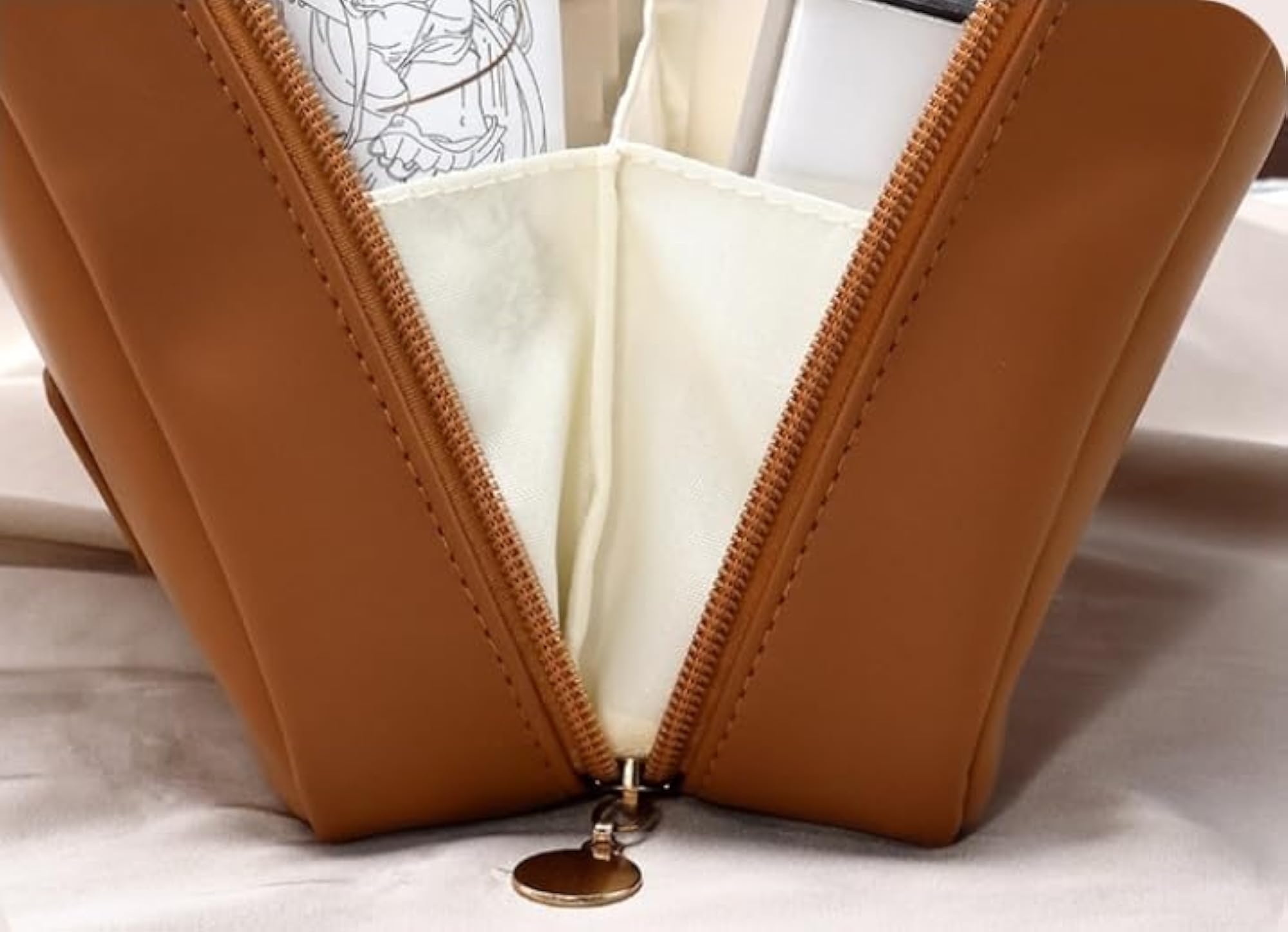 Travel Makeup Bag with Handle for Women, Waterproof Leather Organizer